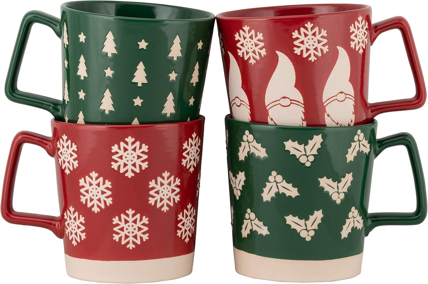 Holiday Red and Green Ceramic Christmas Mug Set, 20 fl oz