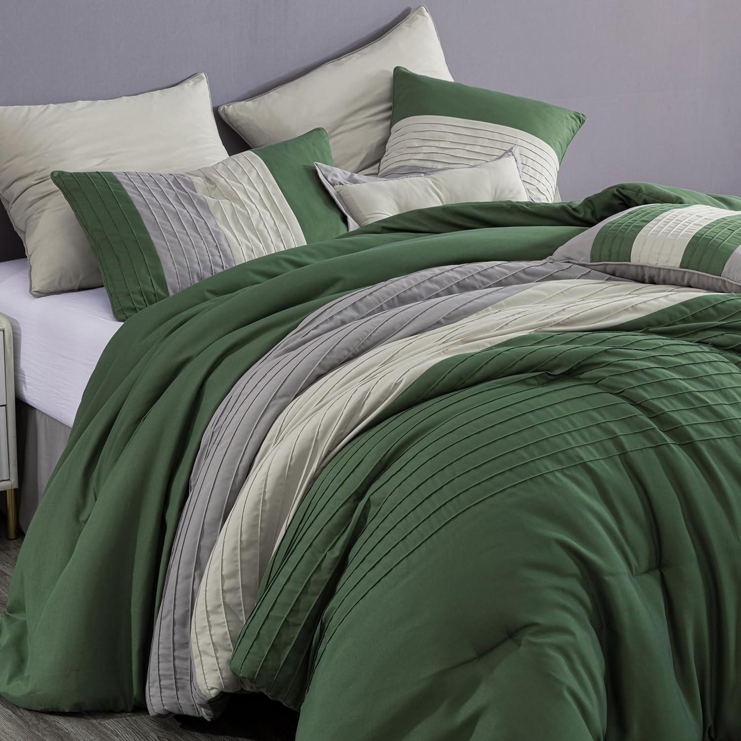 Chezmoi Collection Luxury Pleated Striped Comforter Set, Queen, Forest Green/Gray/Cream, 8-Piece