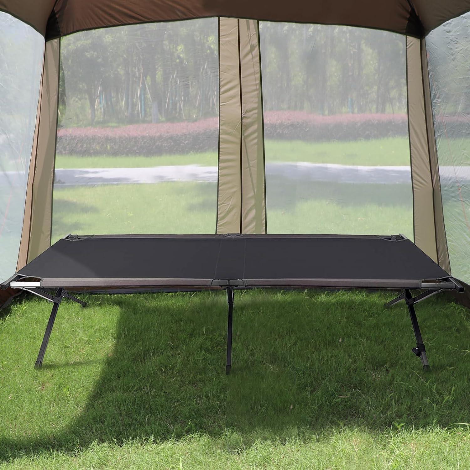 Black Steel Folding Portable Camping Cot with Storage Organizer