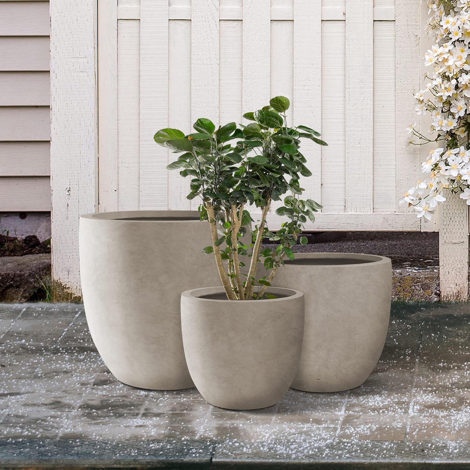 Set of 3 Gray Round Concrete Planters with Drainage Holes