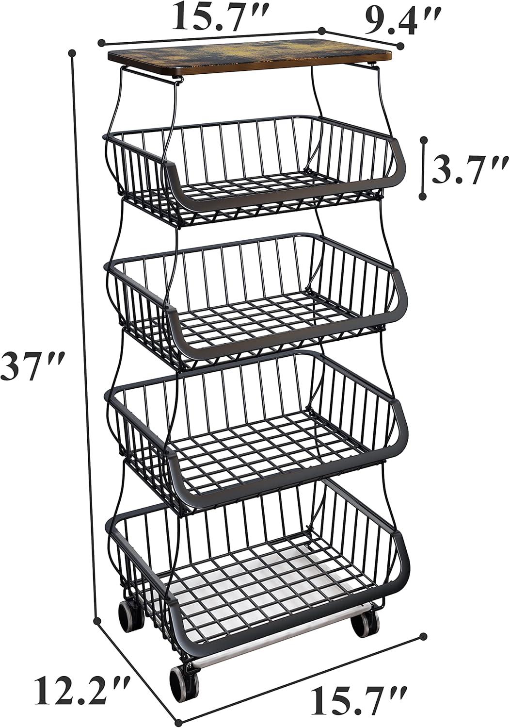 Fruit Basket Kitchen Pantry Organizers and Storage - Wooden Top Table, Stackable Metal Wire Basket Stand Cart for Fruit Vegetable Snacks Jars Bins Containers Organization, Black