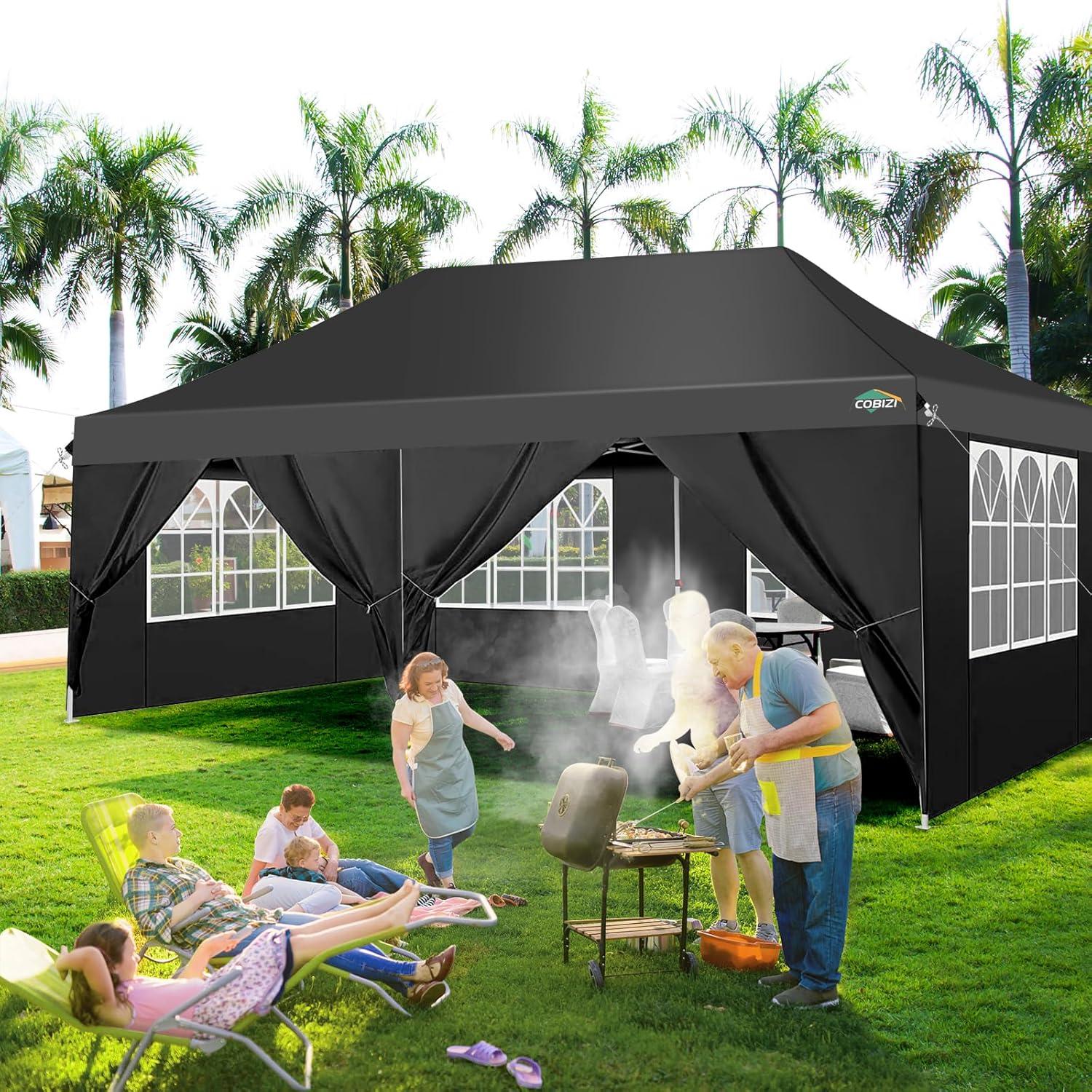 COBIZI Canopy Tent 10X20 Pop up Hollow Tent with 6 Removable Side Walls,Outdoor Event Party Canopy,Instant Portable,Suitable for Parties,Weddings,Camping and Beaches,with Wheeled Bag,Black