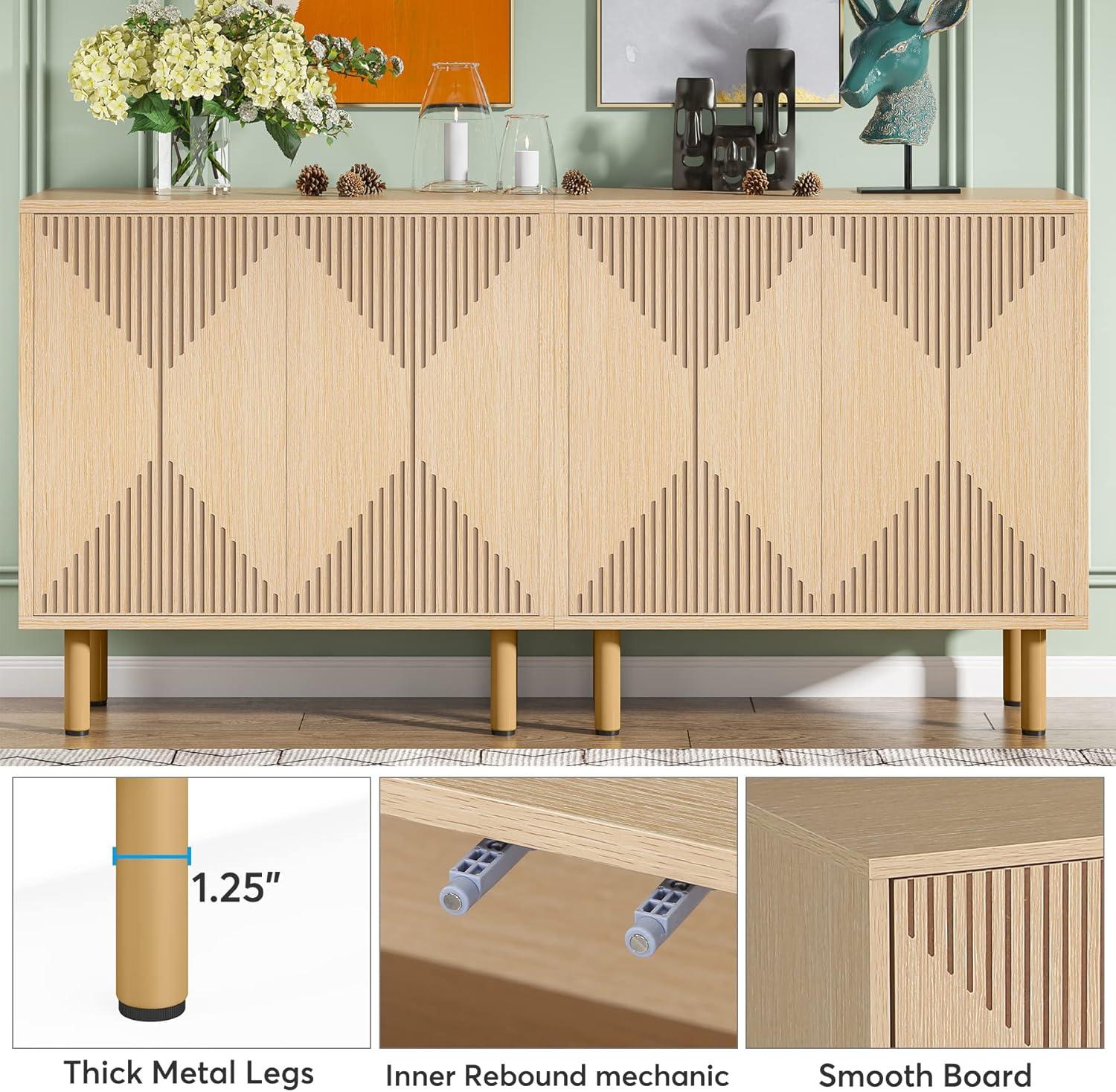 Modern White and Gold 59" Wood Storage Cabinet with Carved Doors
