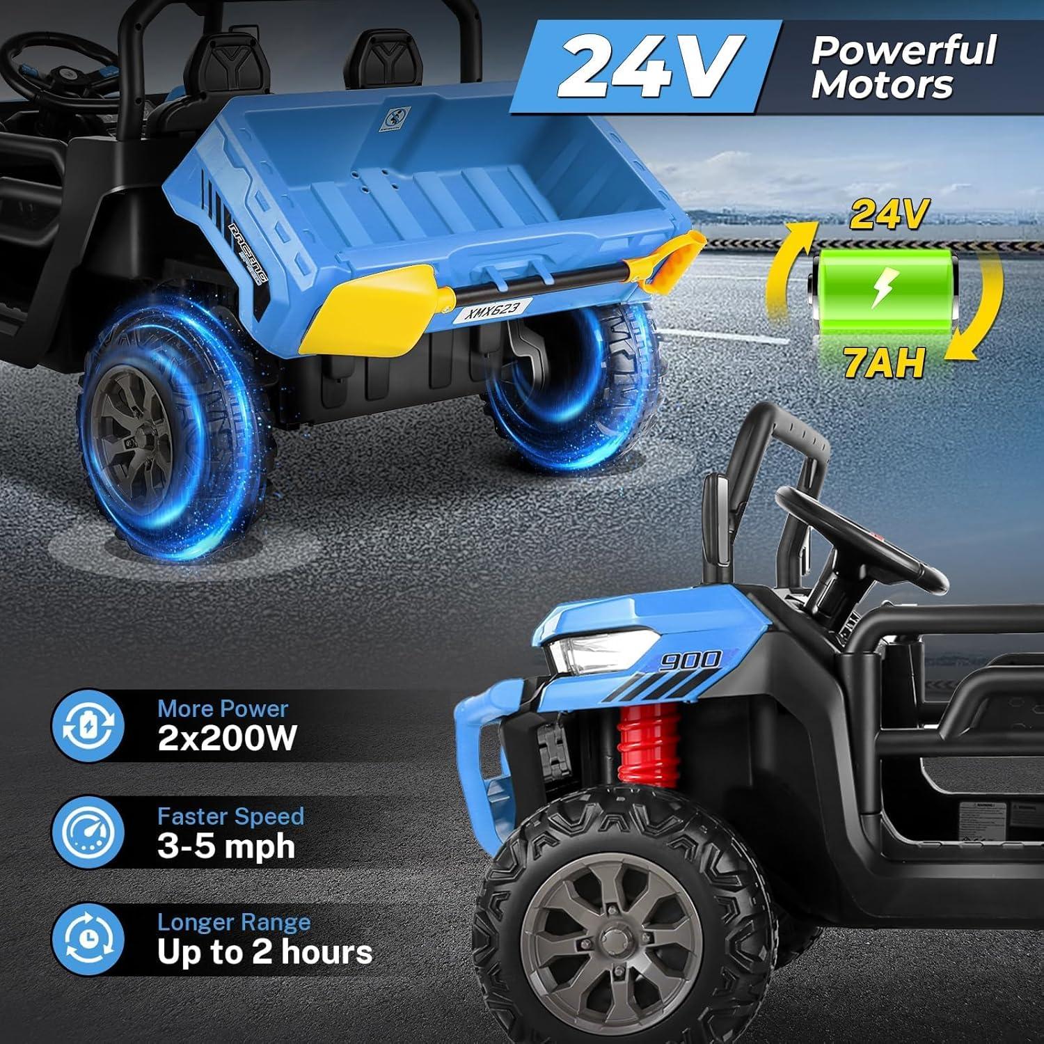 VIBESPARK 24 Volt Ride on Toys with Dump Bed, 2-Seater Ride on Dump Truck, 2×200W Electric Car for Kids Ride on UTV w/ Remote Control, Shovel, Bluetooth, Music, LED Light, 5MPH, Blue