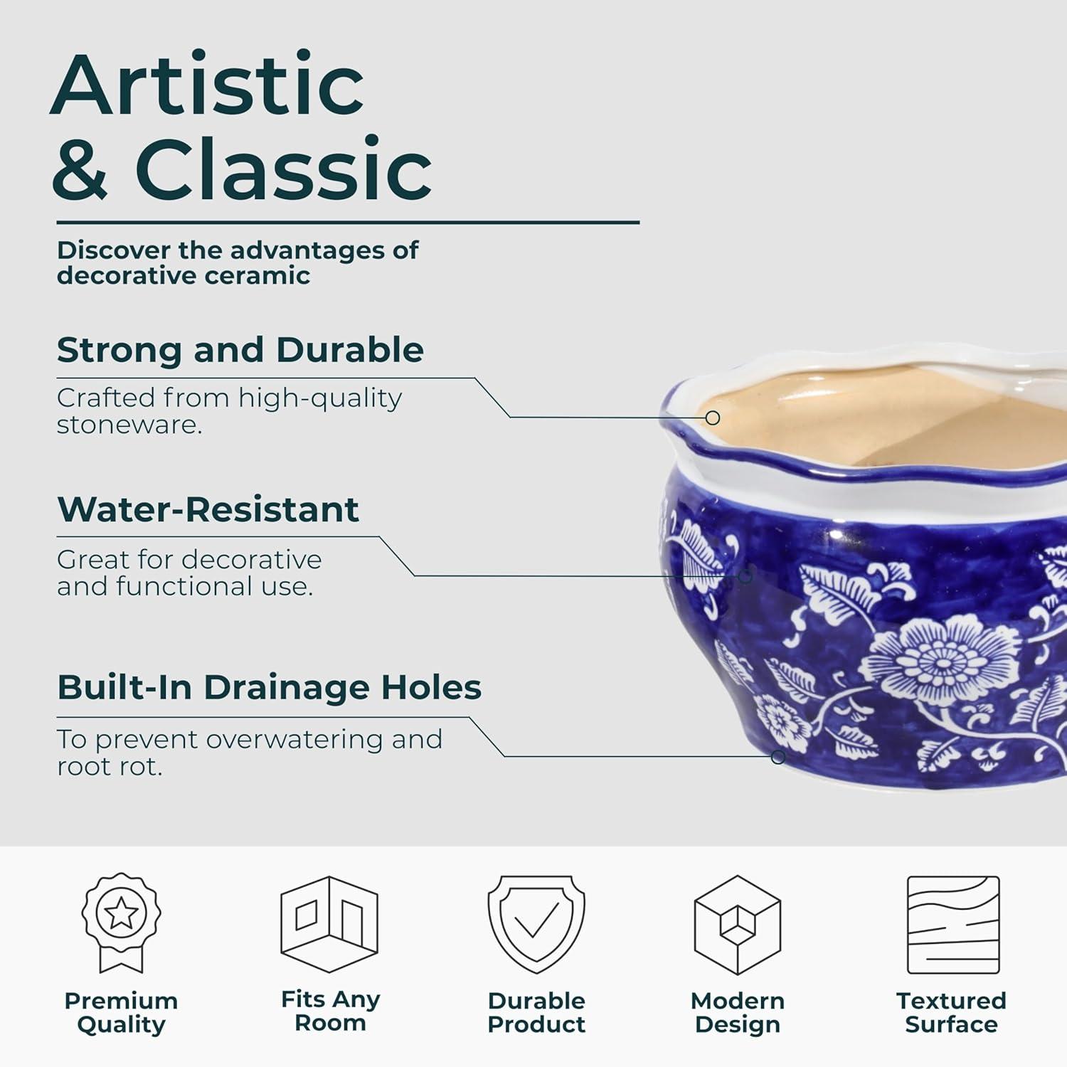 Sagebrook Home 2pc Chinoisere Ceramic Indoor Outdoor Planter Pots Blue/White: Hand-Painted, Rust-Resistant, No Assembly Required