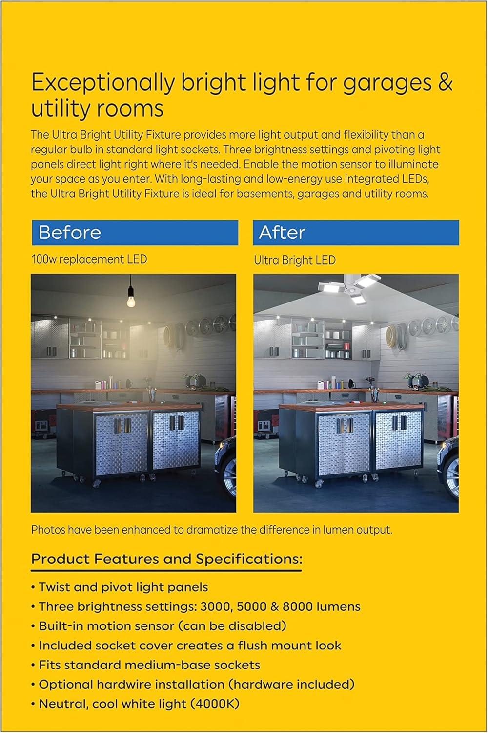 GE Ultra Bright Cool White Utility Light Fixture: LED Garage & Utility Room Light, 8000 Lumens, 80W, Energy Star Certified