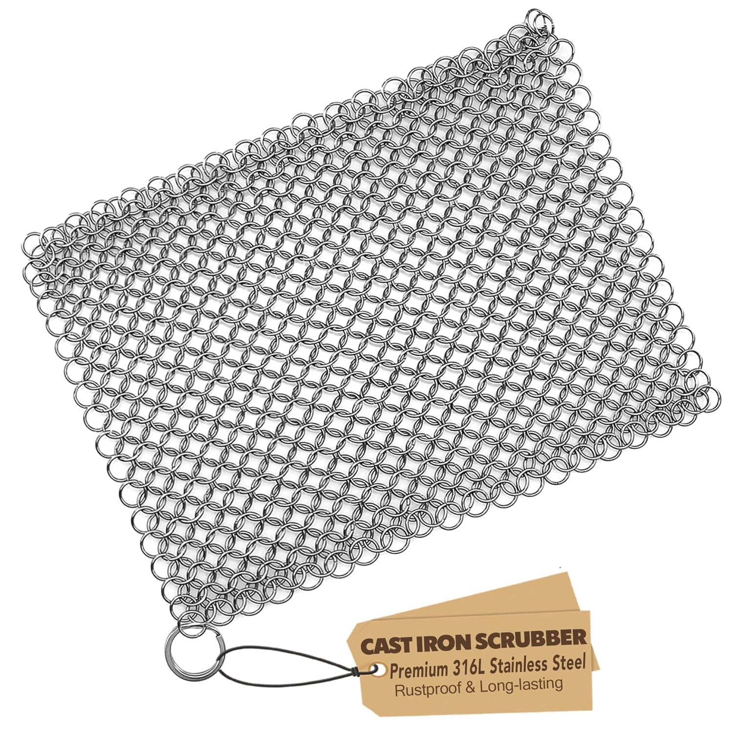 Cast Iron Scrubber 316 Stainless Steel Skillet Cleaner 8"x6" Chainmail Scrubber Scraper Chain Mail Link Scrub for Cast Iron Pre-Seasoned Pans, Griddles, BBQ Grills, and Pot Cookware Cleaning