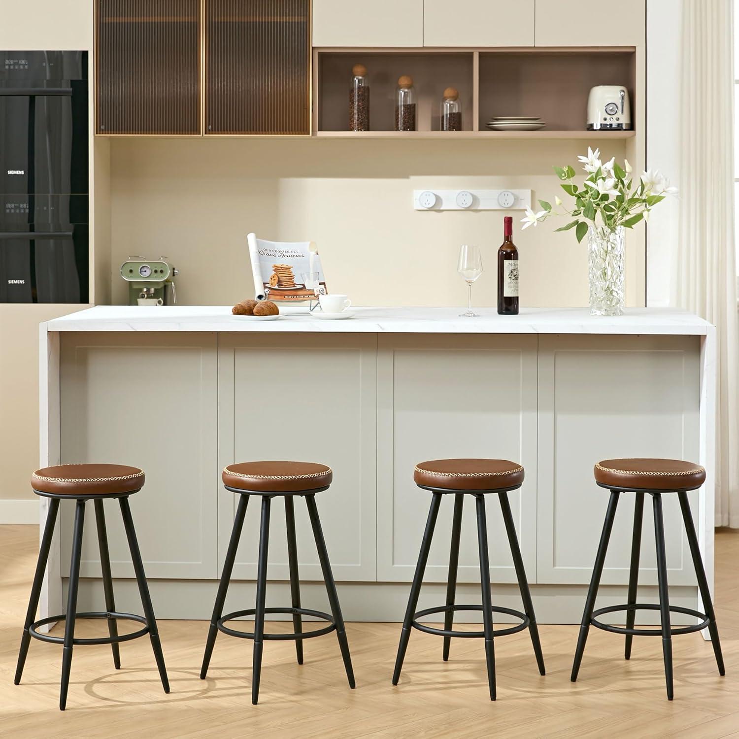 Adjustable Brown Faux Leather Saddle Bar Stools with Metal Legs