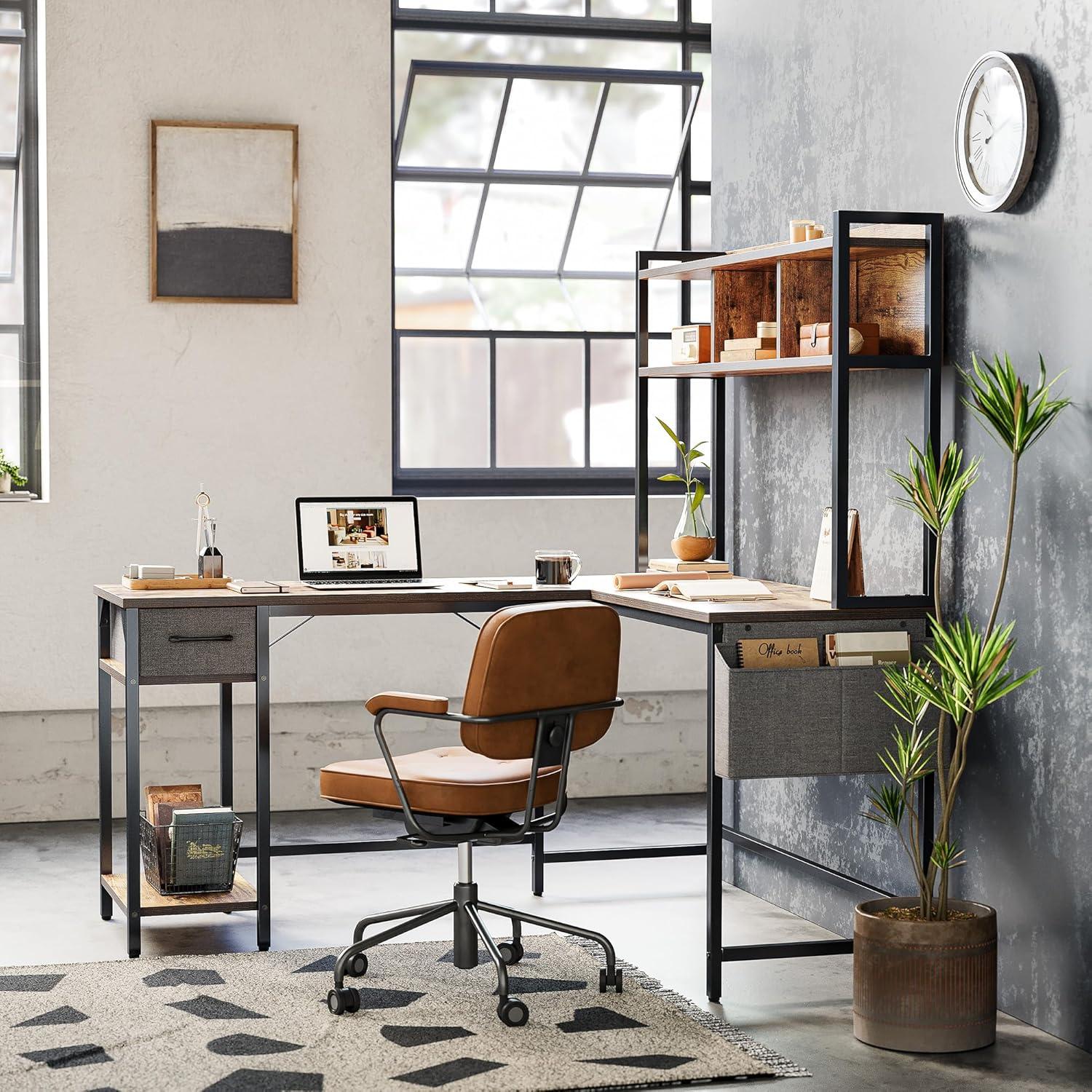 Rustic Brown L-Shaped Corner Computer Desk with Hutch and Drawer