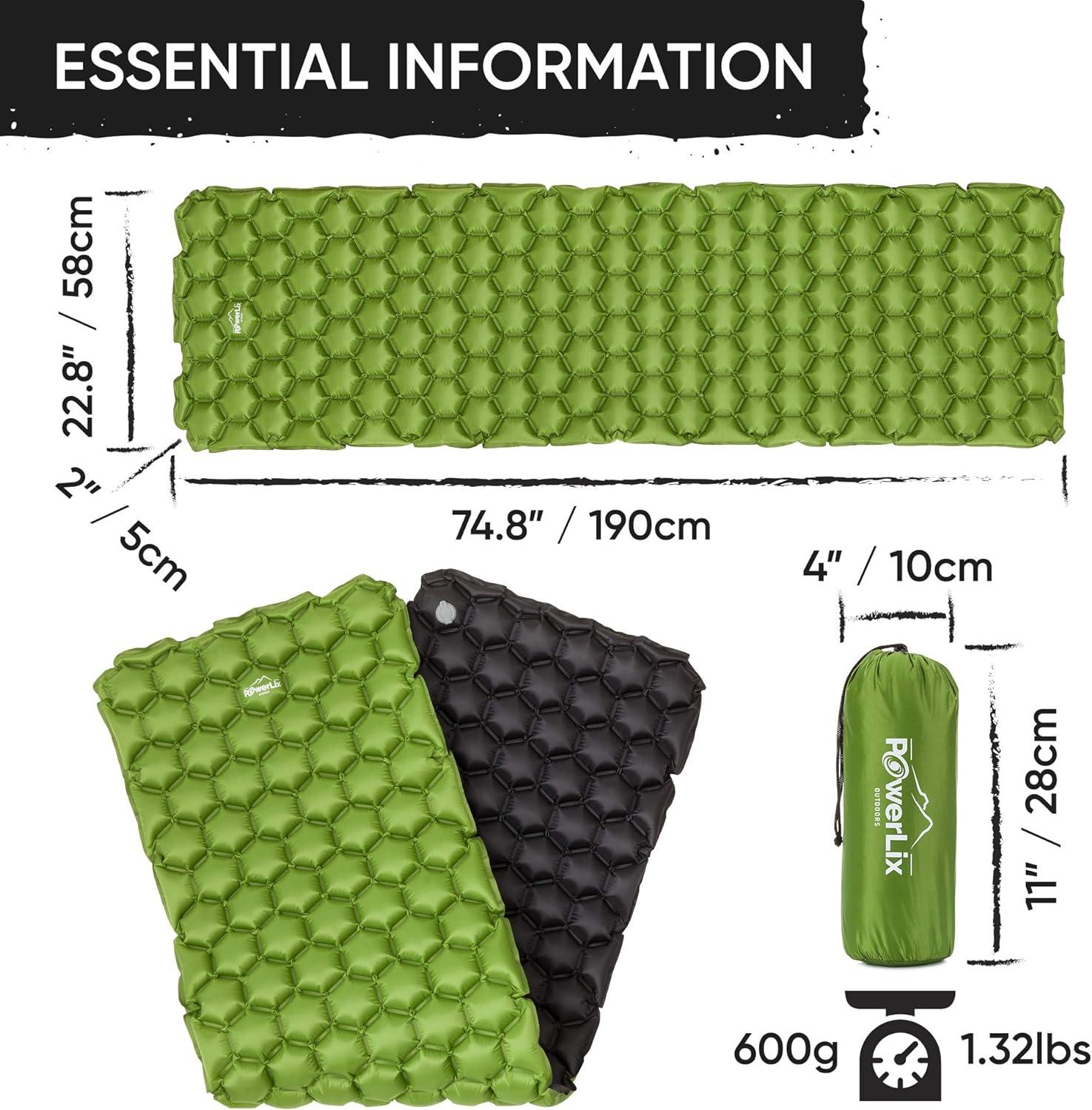 PowerLix Black Ultralight Inflatable Camping Sleeping Pad with Repair Kit