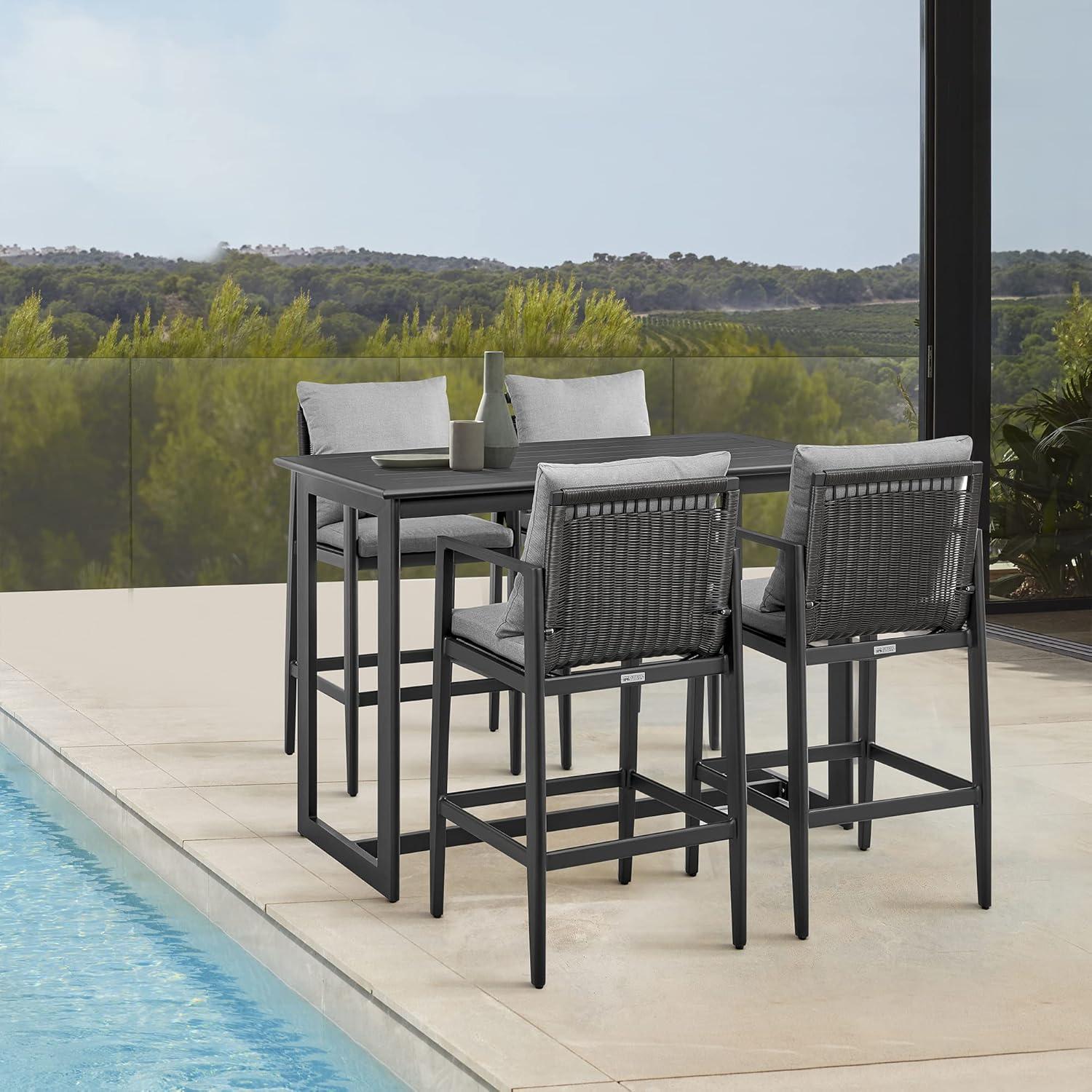 Sleek Aluminum and Rattan Outdoor Bar Stool with Dark Grey Cushions