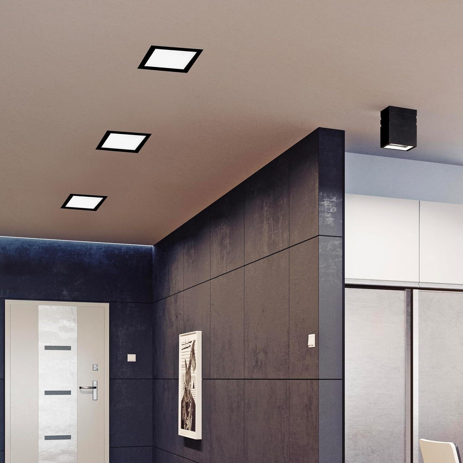 Maxxima 8 in. 5CCT Square Recessed LED Downlight, 1400 Lumens Slim Flat Panel Color Selectable 2700K/3000K/3500K/4000K/5000K, Dimmable, Canless IC Rated, Black Trim, J-Box Included