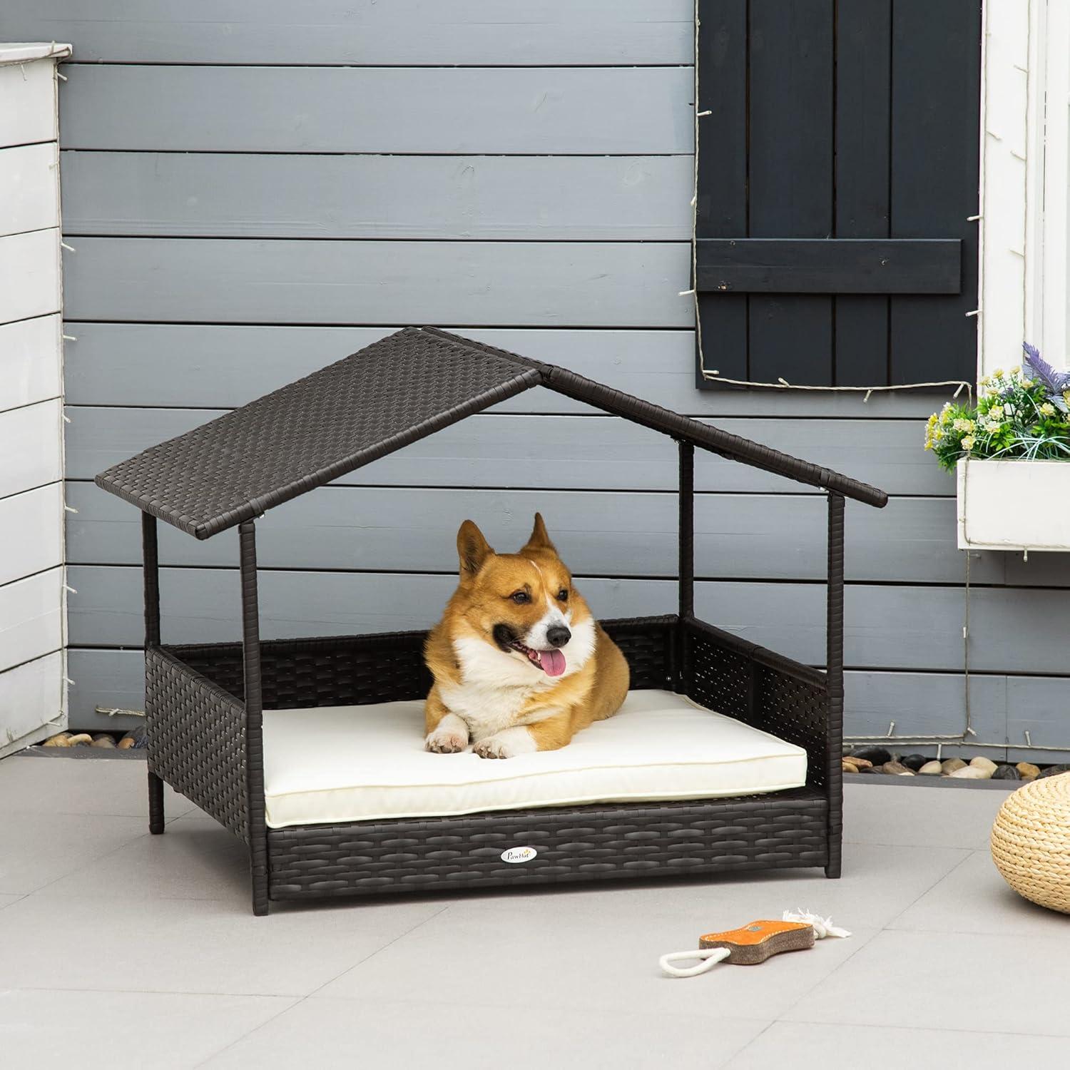 PawHut Wicker Dog House Elevated Raised Rattan Bed for Indoor/Outdoor with Removable Cushion Lounge, Cream