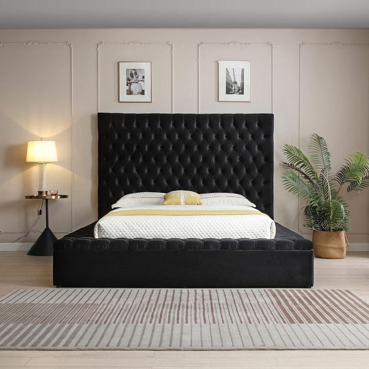 Better Home Products Cosmopolitan Cama Tamaño Queen con Plataforma Tapizada en Terciopelo en Negro