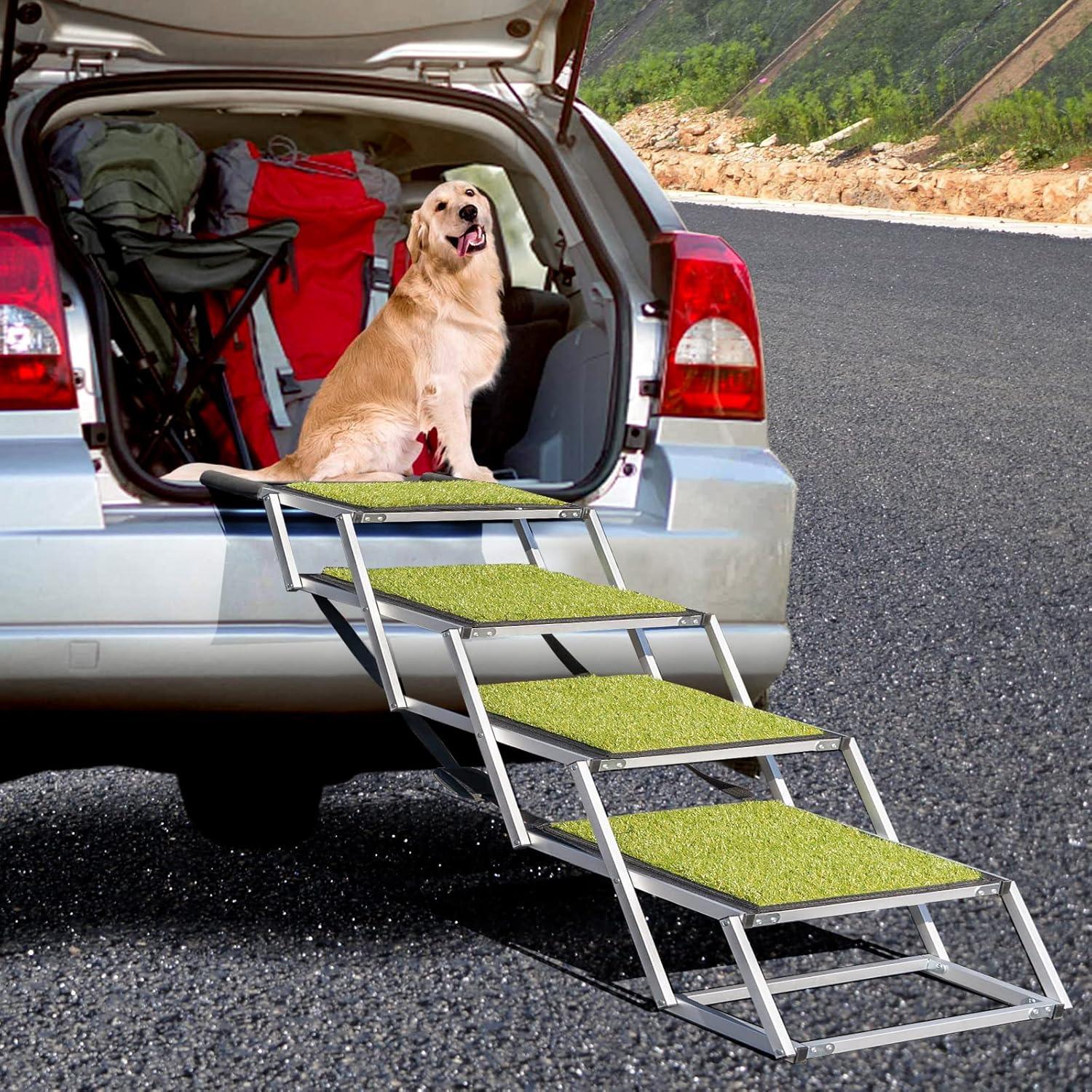 Dog Ramp for Car, Extra Wide Dog Car Stair for Large Dogs, Pet Steps Lightweight Aluminum Foldable Dog Steps for Cars and SUV,High Beds, Trucks, Supports up to 200 lbs (Extra Wide-4 Steps with Grass)