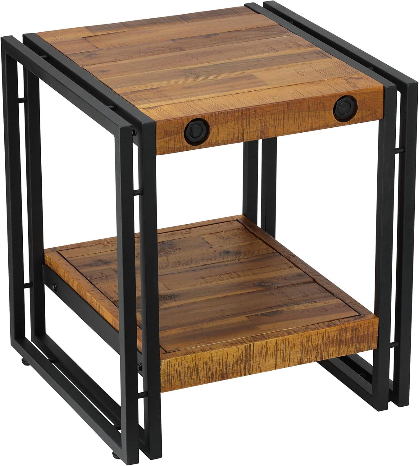 Rustic Brown Wood and Black Metal Square End Table