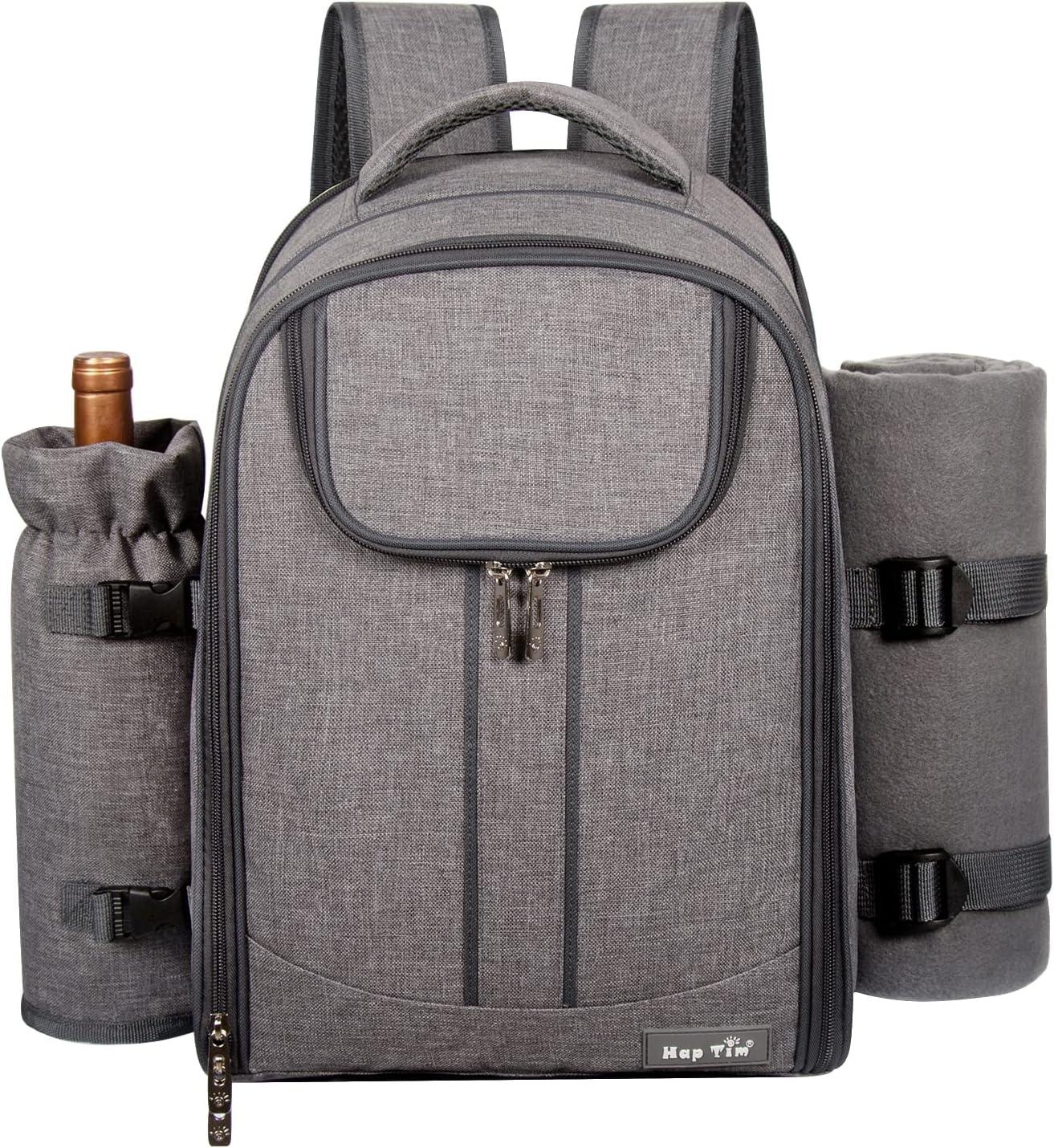 Gray Nylon Picnic Backpack with Blanket and Wine Holder