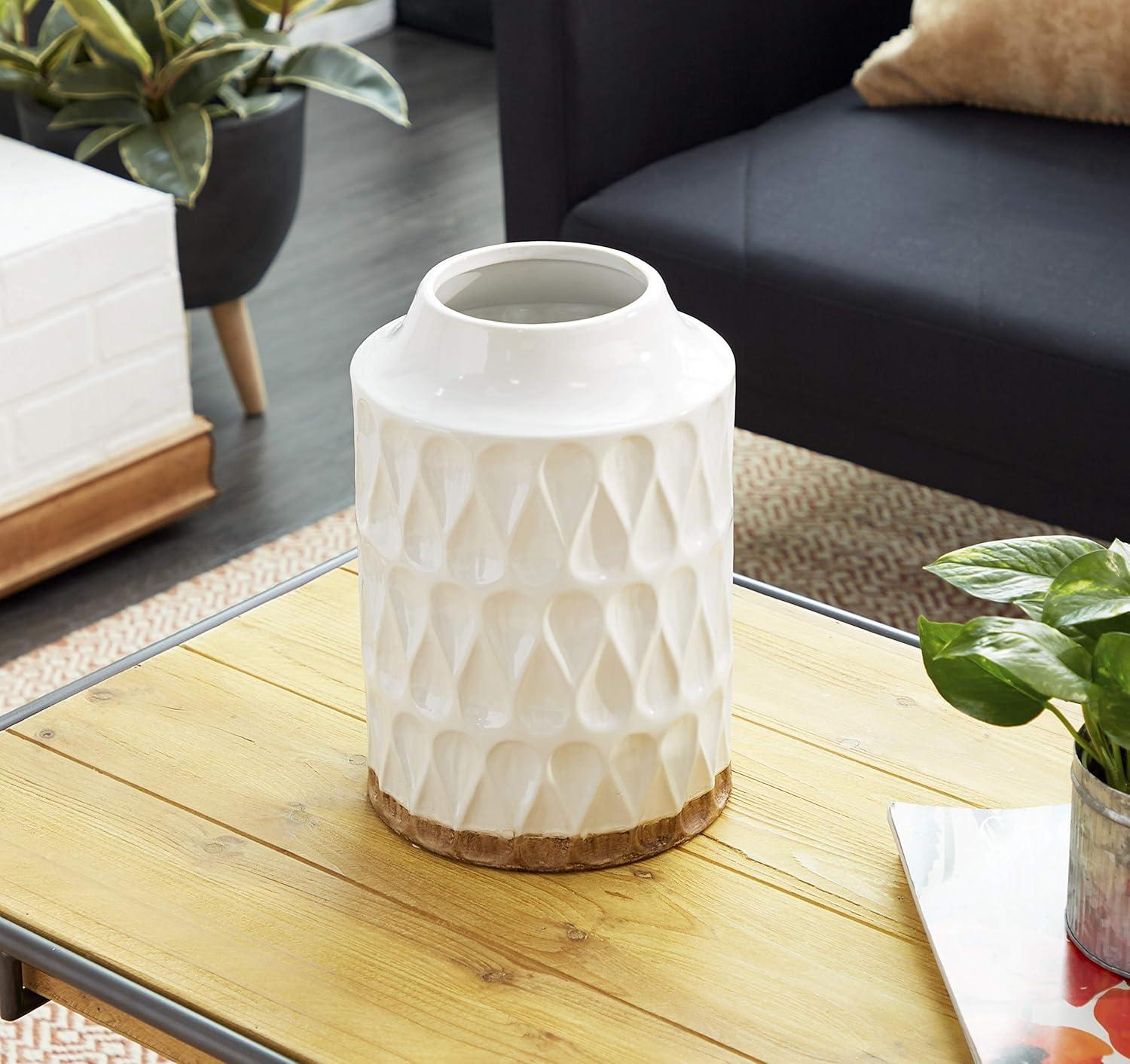 DecMode 12" Geometric White Porcelain Vase with Brown Base