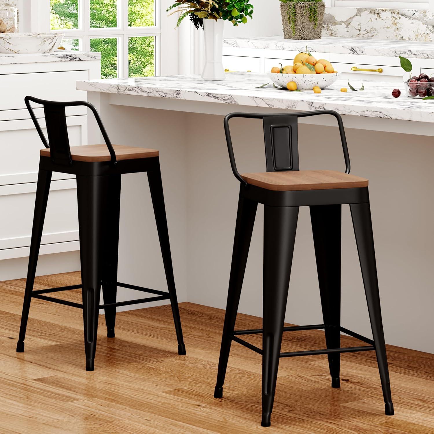 Stools Set of 4 Counter Height  Stools Metal Barstools with Removable Back 30" Kitchen  Stools with Wooden Seat