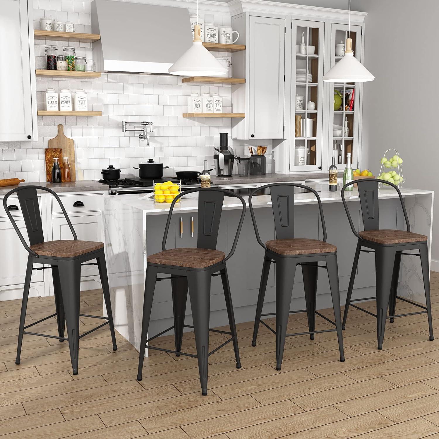 Andeworld 24" Bar Stools Set of 4,Counter Height Bar Stools with Larger Seat,Bar Stools with Back,Black Metal Bar Stools with Removable Back,Farmhouse Bar Stools,High Back Kitchen Bar Stools Chair