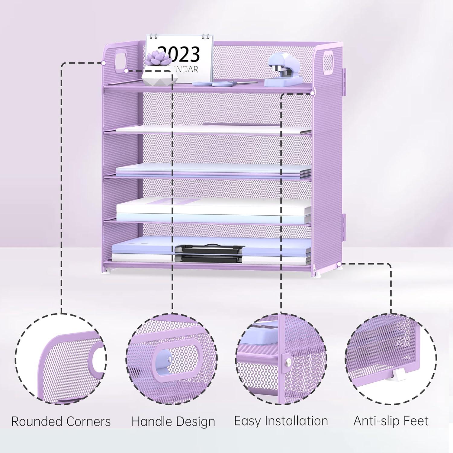Marbrasse Paper Organizer Letter Tray, 5 Tier Mesh File Organizer with Handle, Paper Sorter Desk Organizer for Home Office Supplies - Purple