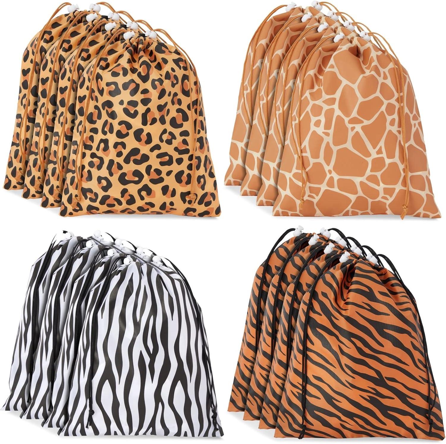 12 Pack Animal Print Drawstring Gift Bags for Jungle Safari Birthday Party, Baby Shower Favors, Goodies, Candy Treats (4 Designs, 10 x 12 In)