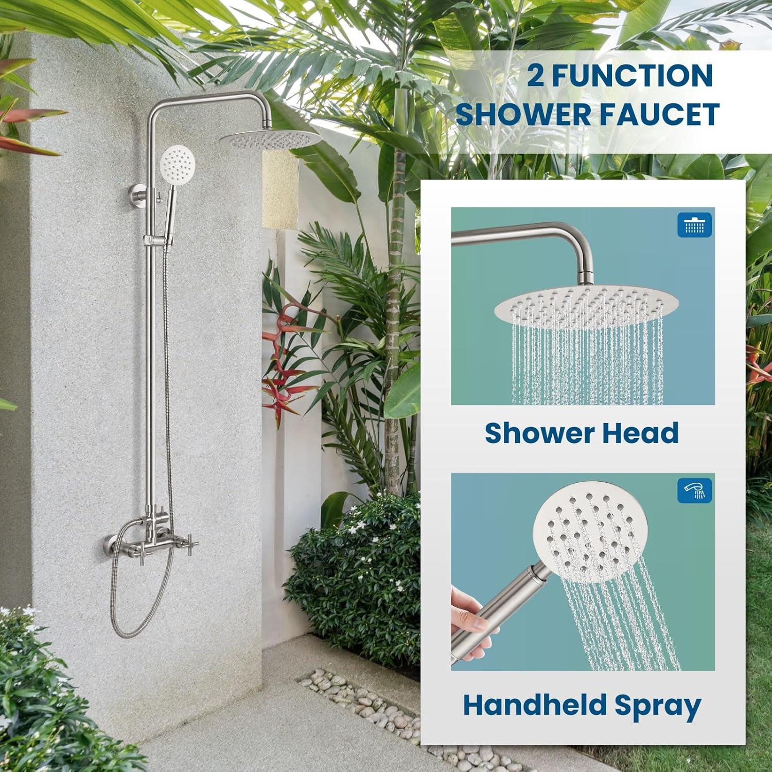 gotonovo SUS304 Outdoor Shower Fixture High Pressure Shower System Combo Wall Mount 2 Dual Function Shower Faucet Set Round Handheld Spray Brushed Nickel Single Handle