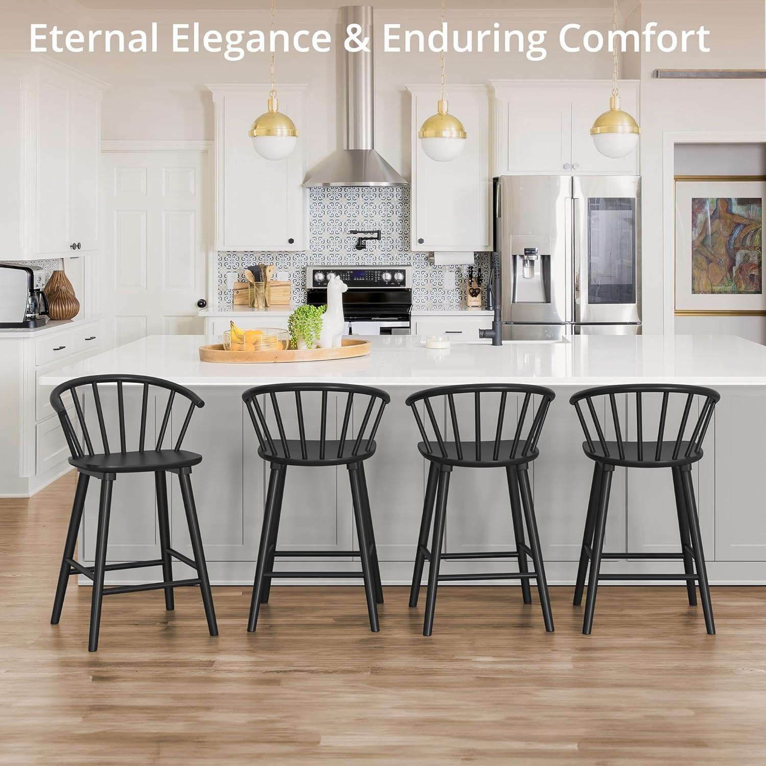 Winson Windsor 24 in. Black Solid Wood Bar Stool for Kitchen Island Counter Stool with Spindle Back Set of 6