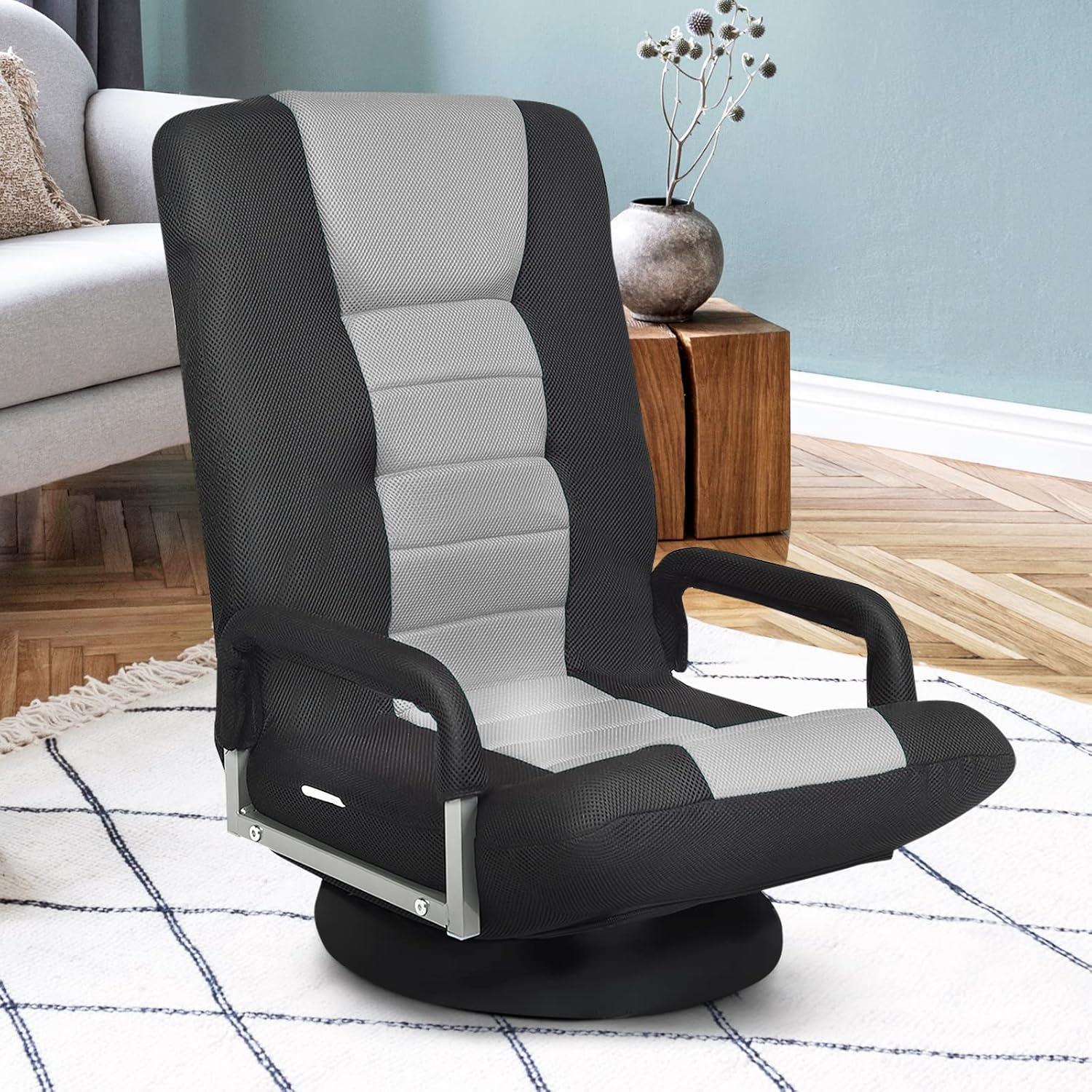 360-Degree Swivel Gaming Floor Chair with Foldable Adjustable Backrest Grey
