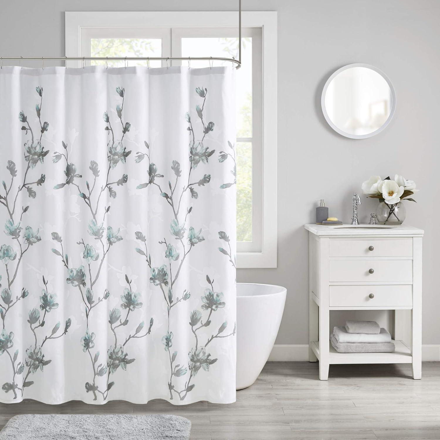 Magnolia Floral White and Blue Fabric Shower Curtain