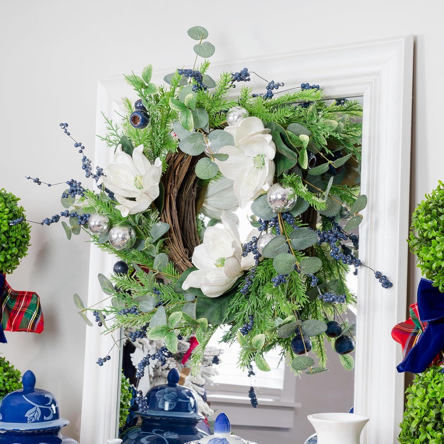 AuldHome Design Magnolia White Floral Picks, 3pk; Artificial Magnolia Greenery Flowers for Christmas and Seasonal Decor