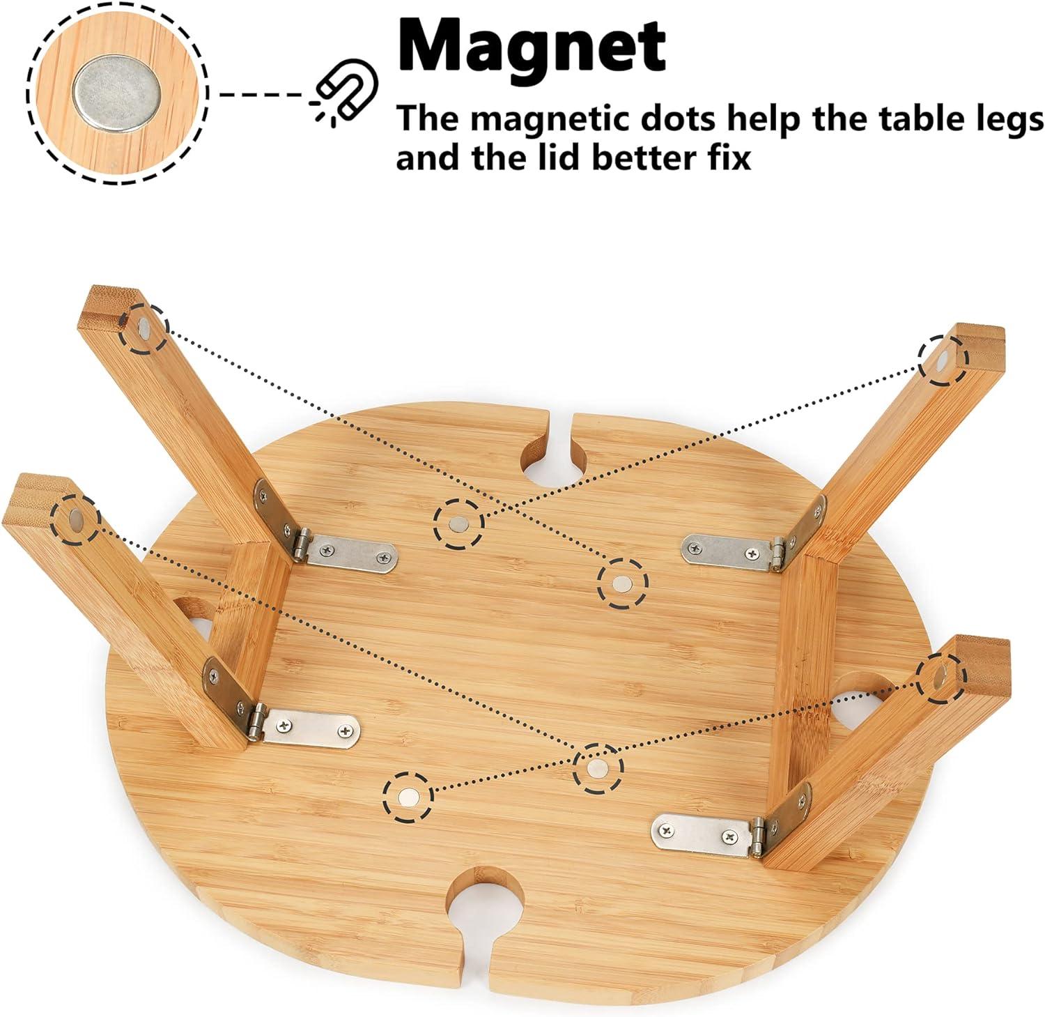 Portable Picnic Table with 4 Wine Glasses Holder, Functional Bamboo Snack Tray Table -Foldable for Party, Picnic, Camping, Beach (15.7" x 12.5")