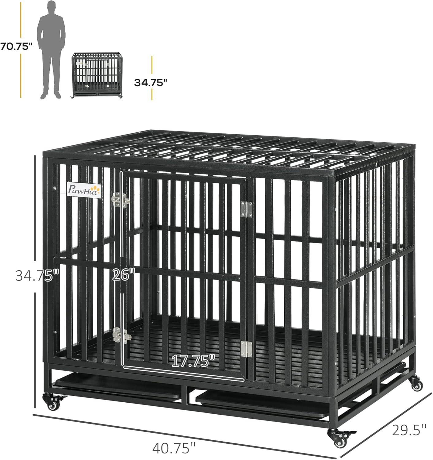 PawHut 41" Heavy Duty Dog Crate Metal Kennel and Cage Dog Playpen with Lockable Wheels, Slide-out Tray and Anti-Pinching Floor