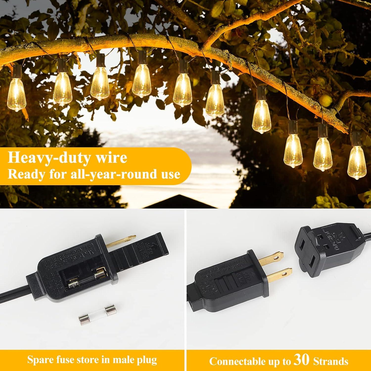 50FT Warm White LED Outdoor String Lights with Shatterproof Edison Bulbs