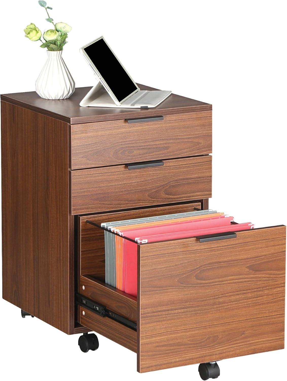JJS  3 Drawer Rolling Wood File Cabinet with Locking Wheels for A4 or Letter Size Brown