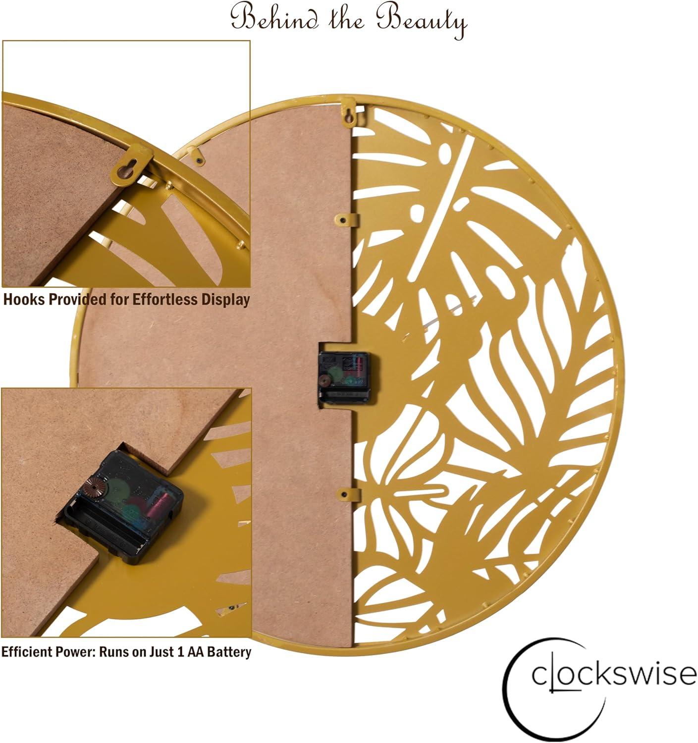 Clockswise 23.6” Round Big Wall Clock, brown wood and gold Metal with Leaf Cutout for Entryway Office Living Room or Kitchen, Hanging Supplies Include