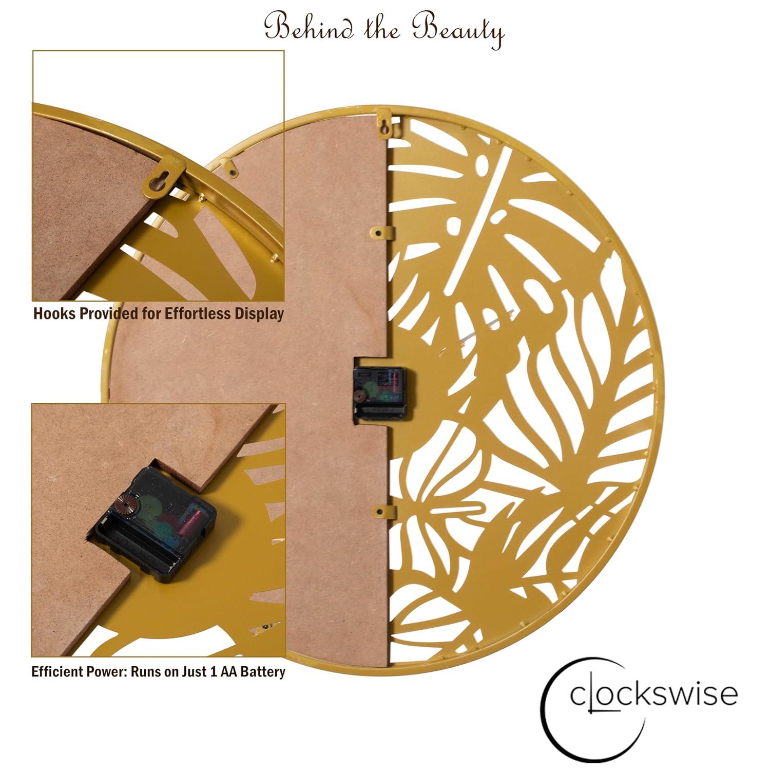 Clockswise 23.6” Round Big Wall Clock, brown wood and gold Metal with Leaf Cutout for Entryway Office Living Room or Kitchen, Hanging Supplies Include