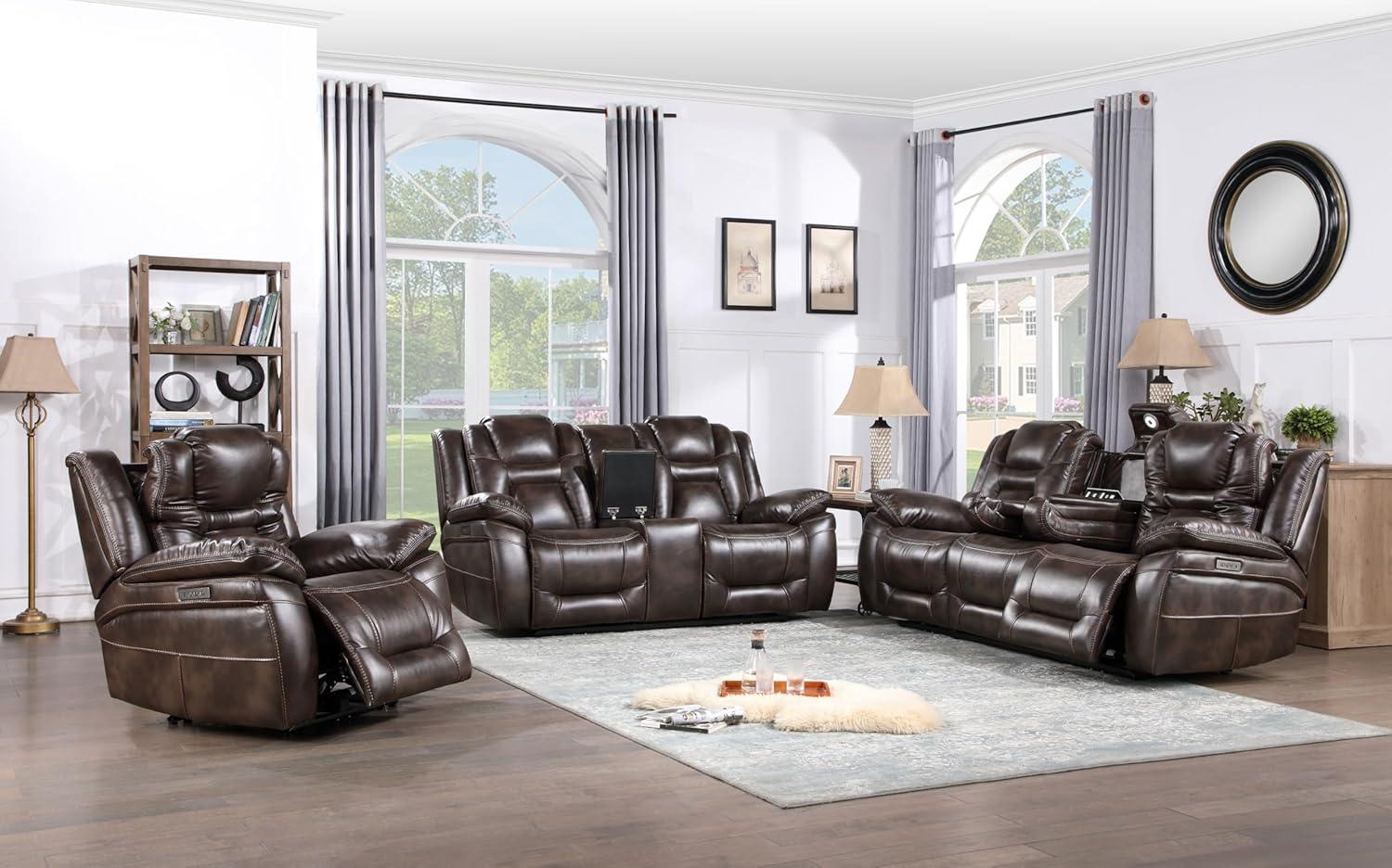 Oportuna Brown Faux Leather Power Reclining Sofa with Cup Holders