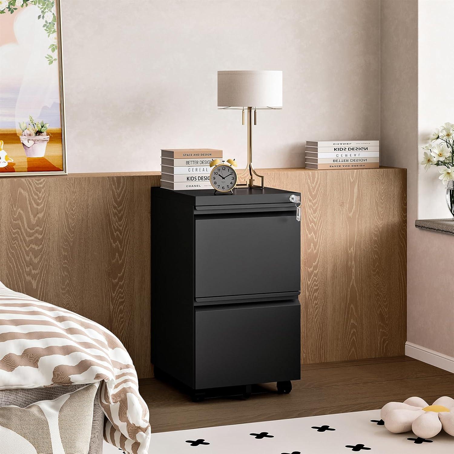 Black 2-Drawer Mobile Metal File Cabinet with Lock