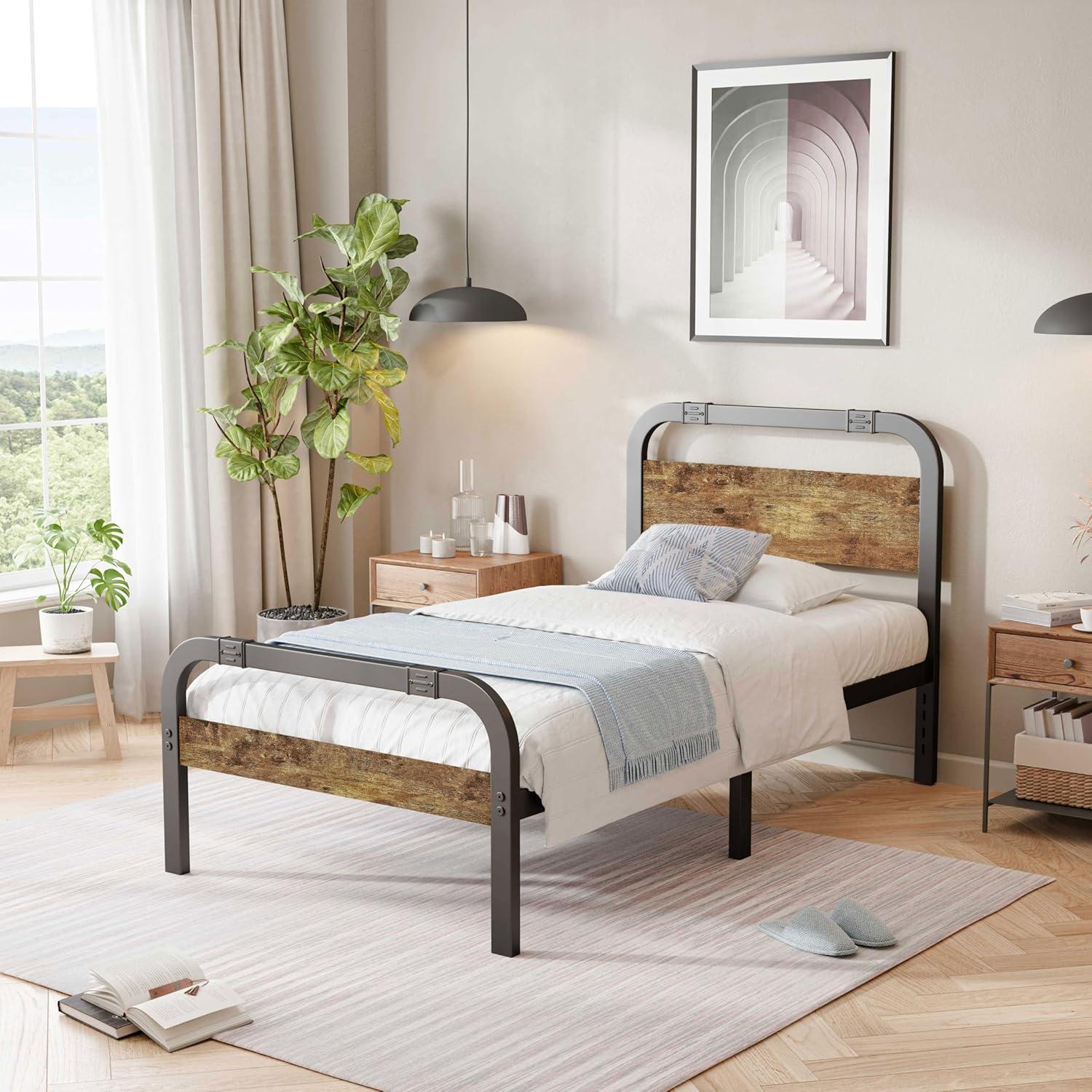 ZIYOO Industrial Style Metal Twin XL Bed Frame with Rustic Wood Headboard and Footboard, 14 Inch High Heay Duty Steel Slats Support No Box Spring Needed，Easy Assembly Structure