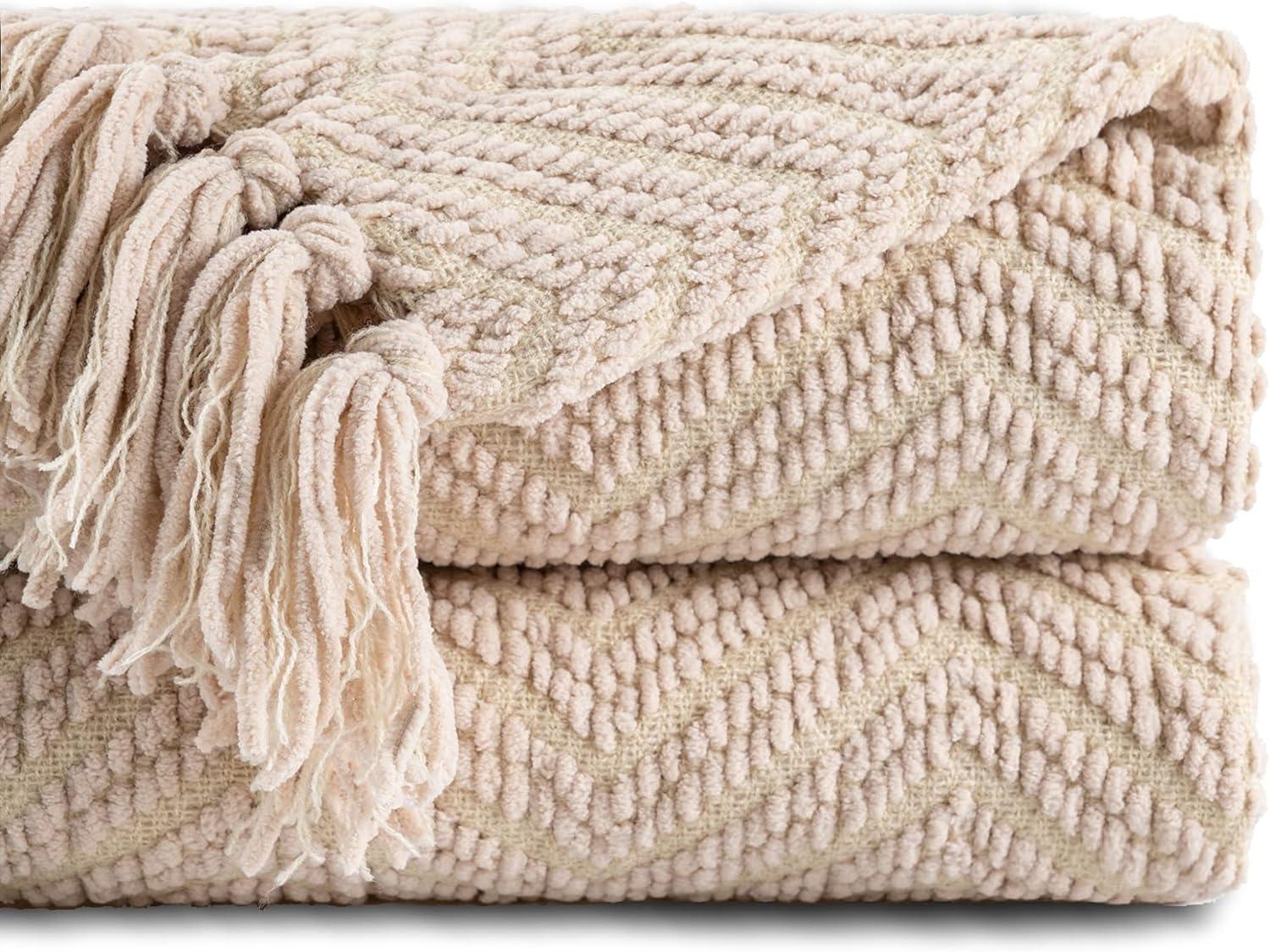 Beige Knitted Twin Throw Blanket with Tassels, 60" x 80"