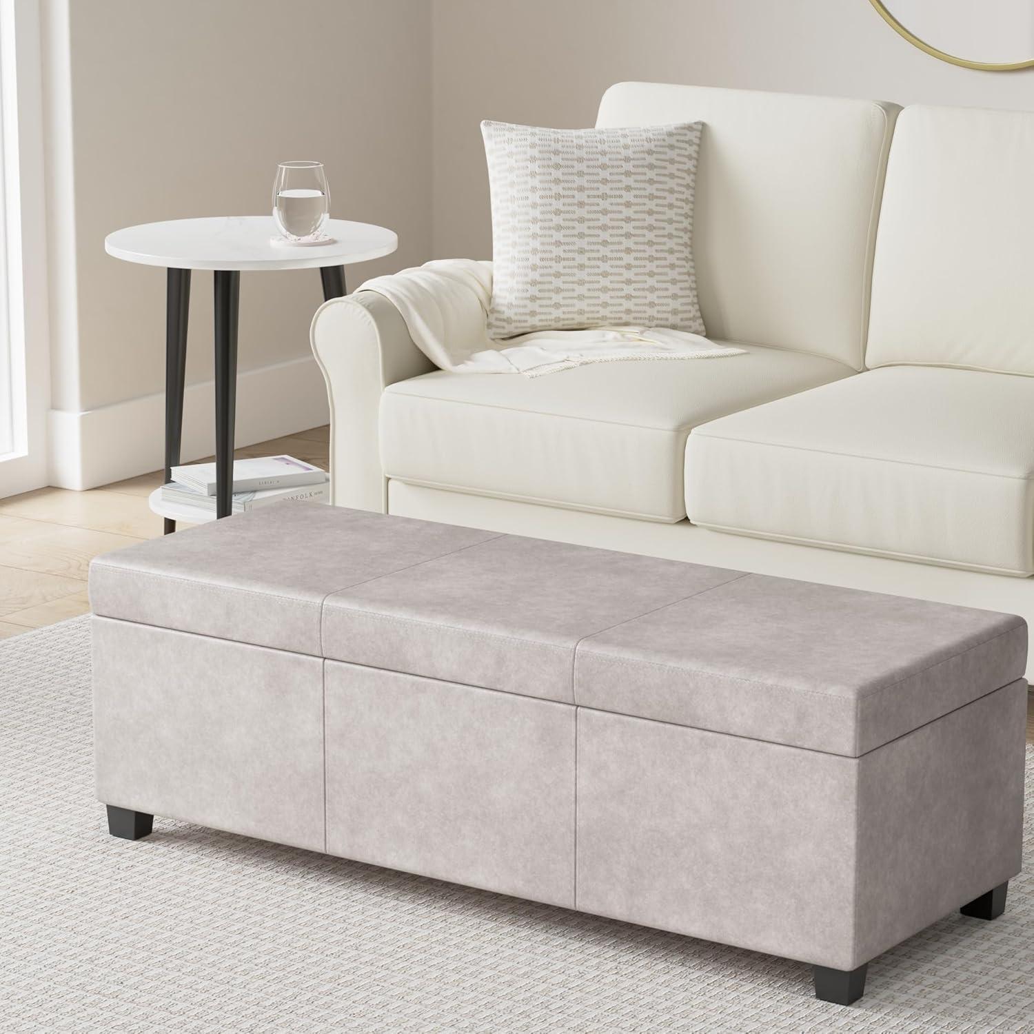 Simpli Home Avalon Storage Ottoman Bench In Distressed Grey Taupe Vegan Faux Leather