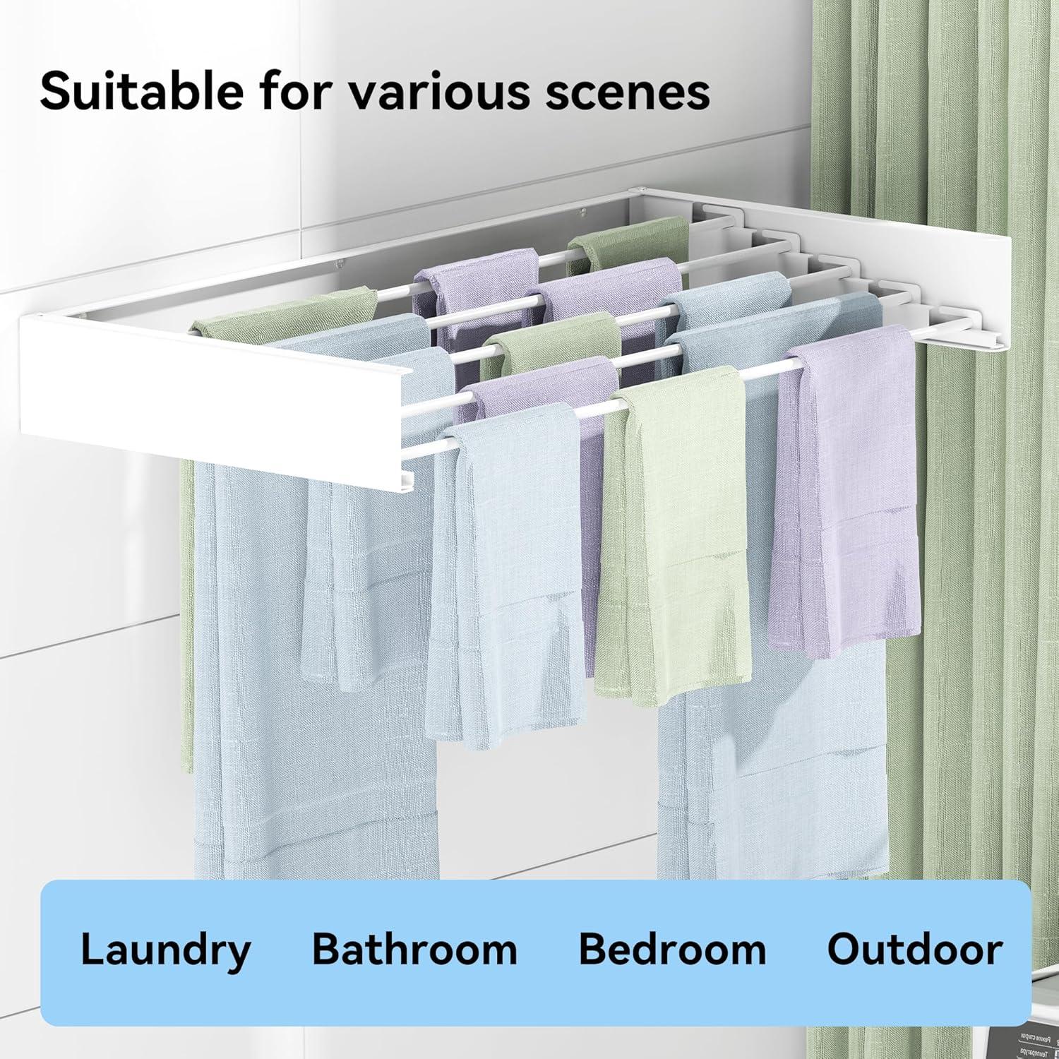 Laundry Drying Rack Wall Mounted Clothes Drying Rack Collapsible 31.5" Wide with 13.2 Linear Ft and 5 Aluminum Rods Drilling Template Long Screwdriver Bit 60 lbs Capacity White