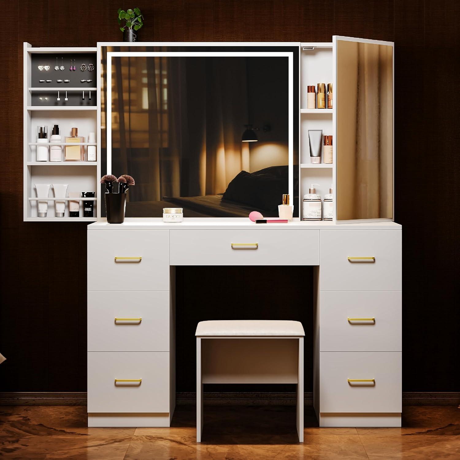 Vanity Desk with Lighted Mirror,Makeup Table with 7 Drawers,Wildhome Brand,Adult Age Group