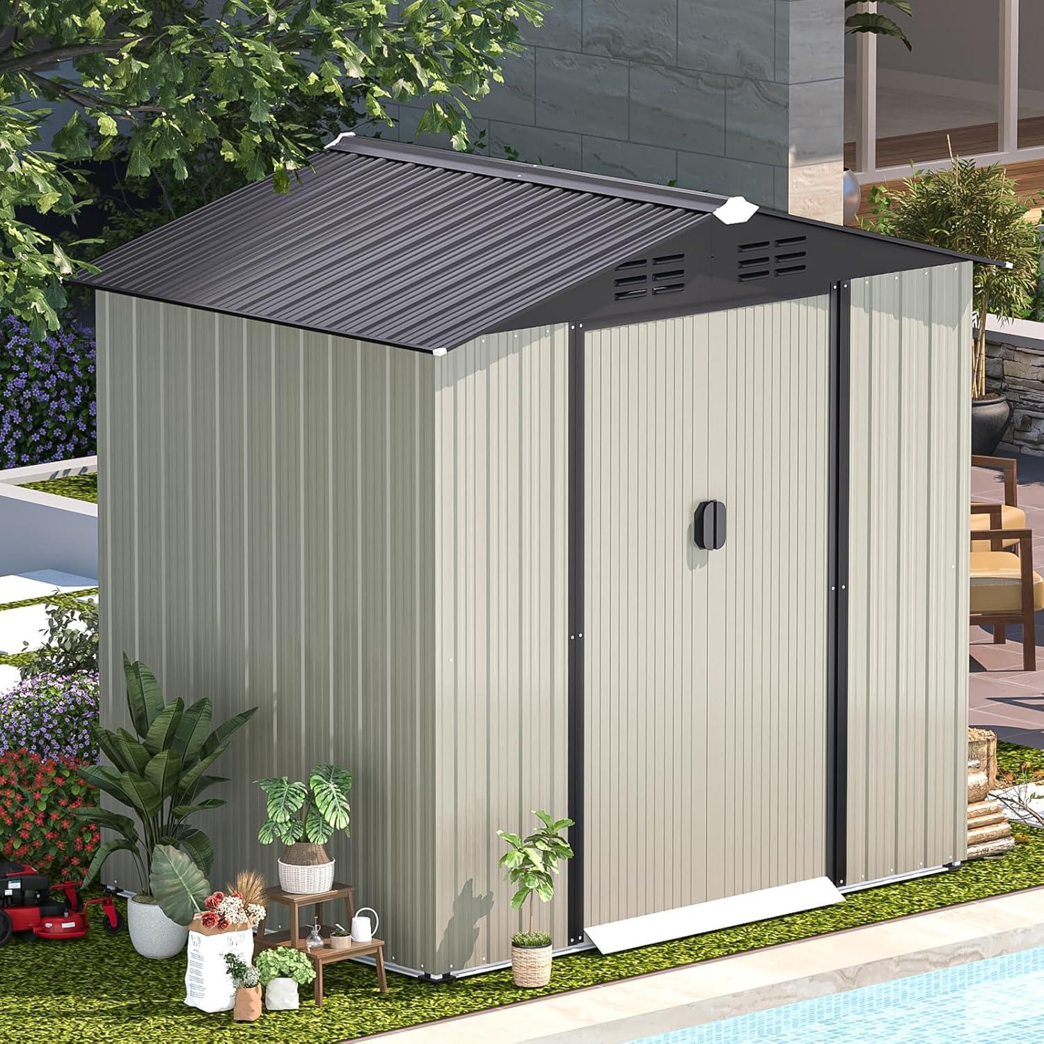 Gray and Brown Metal Outdoor Storage Shed with Lockable Door