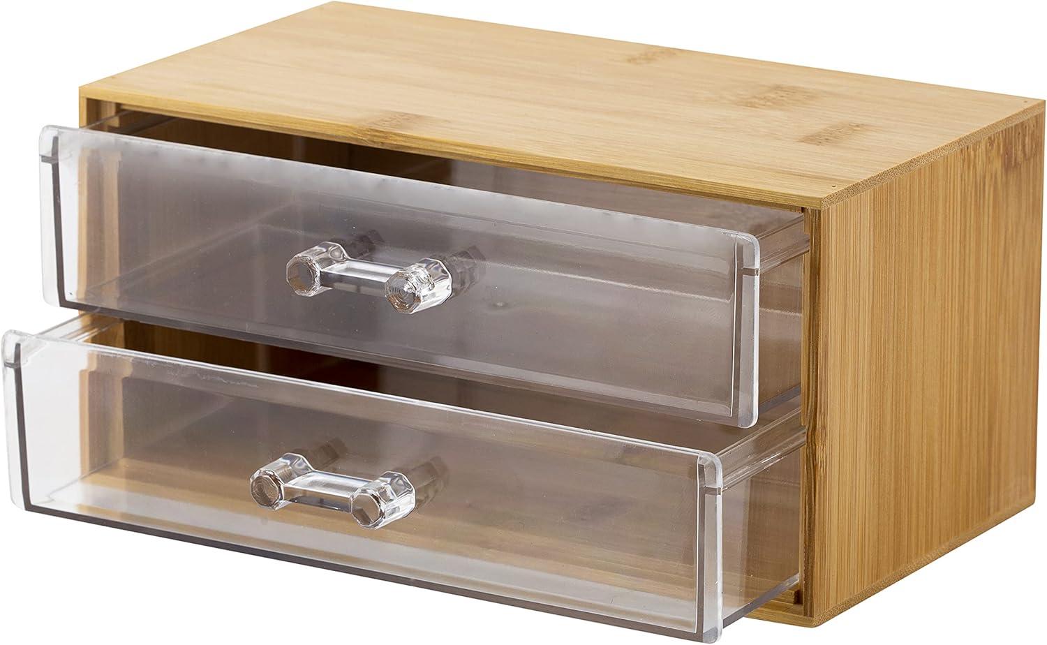 Compact Bamboo and Clear 2-Drawer Cosmetic Organizer