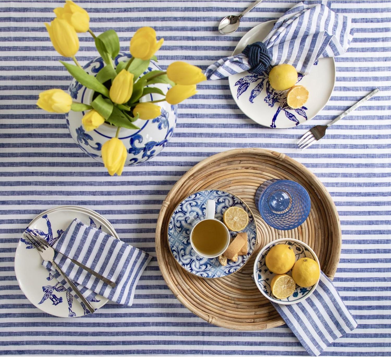 Navy and White Striped Linen Rectangular Tablecloth 60 x 90 Inch