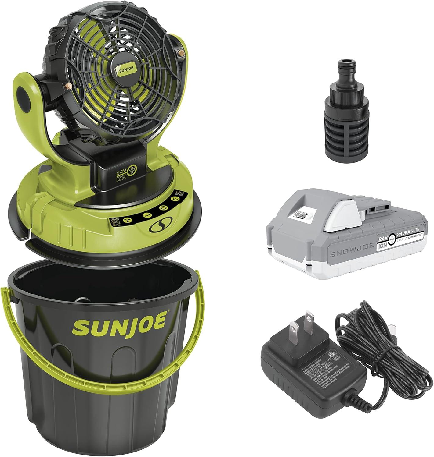 Sun Joe 24 Volt IONMAX Cordless Misting Fan Kit, Indoor or Outdoor, with 6 Gallon Portable Bucket, 60 Square Foot Coverage, 2.0-AH Battery and