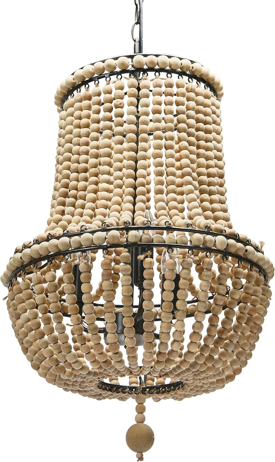 Natural Wood Bead Chandelier with Brushed Metal Frame