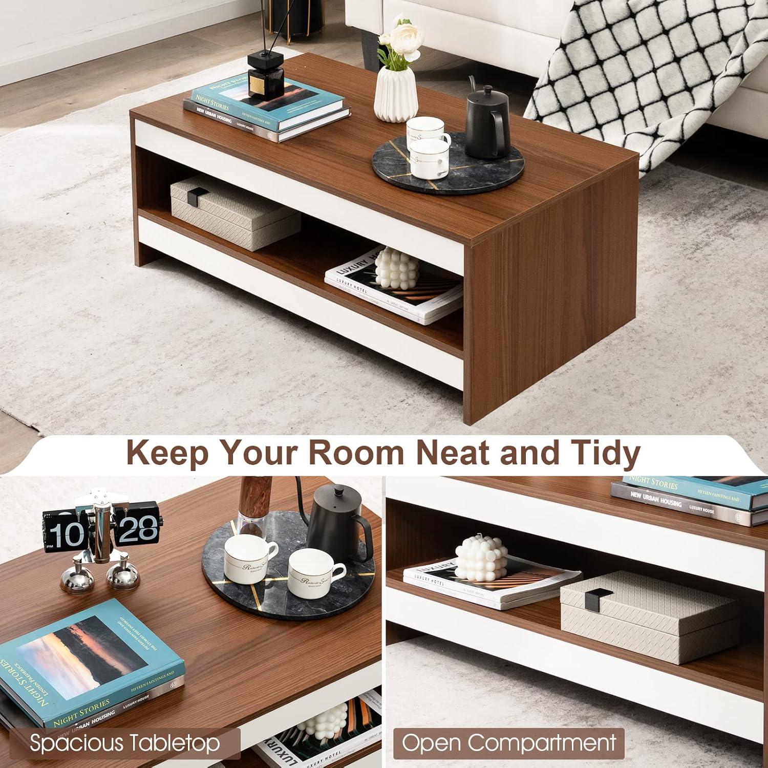 Tangkula Modern Coffee Table for Living Room, 2-Tier Rectangle Coffee Table with 37" Large Tabletop and Open Shelf, Wood Central Tea Table, Cocktail Table for Reception Office (Brown)